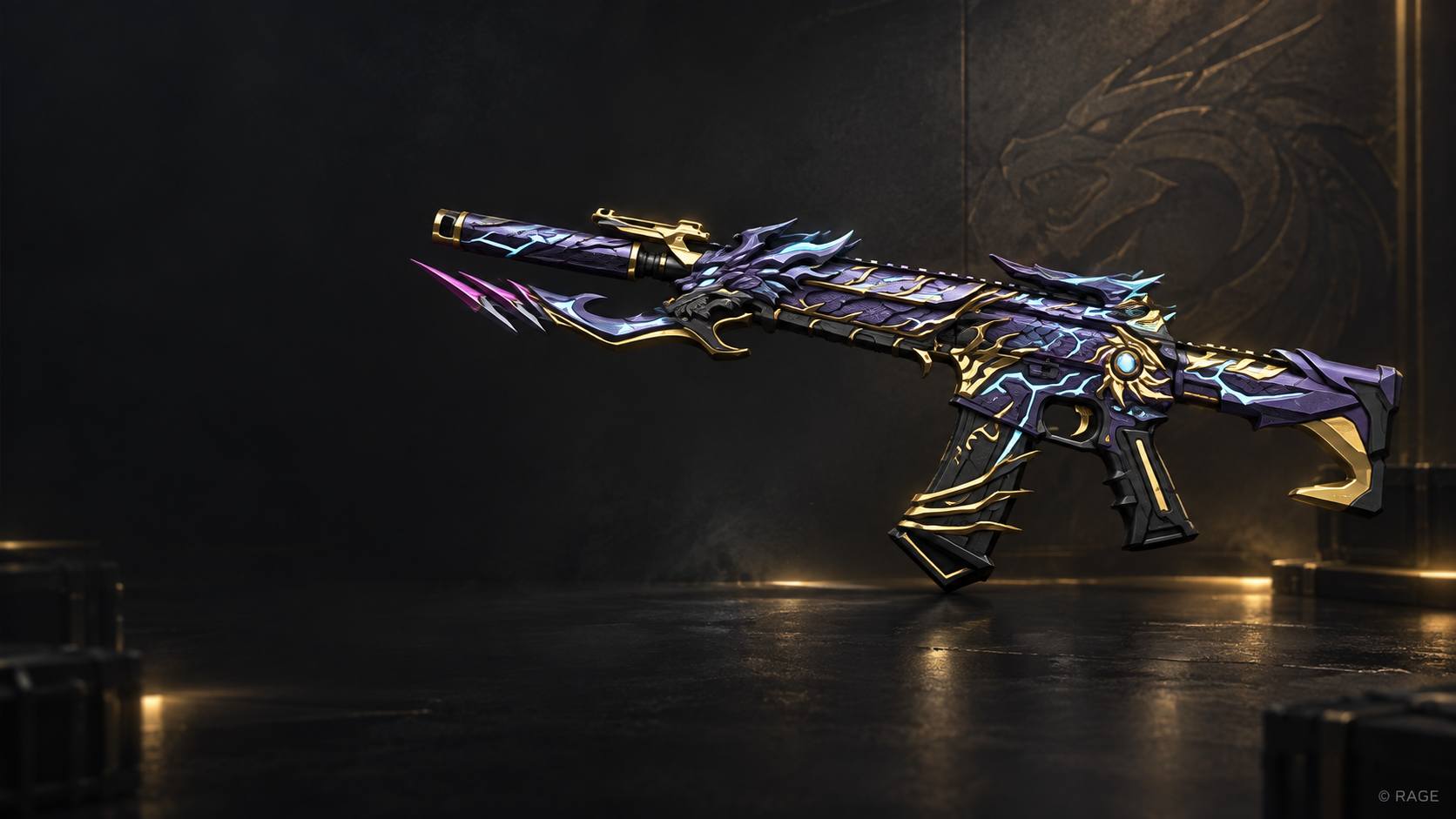 Ornate purple, gold and cyan RAGE rifle